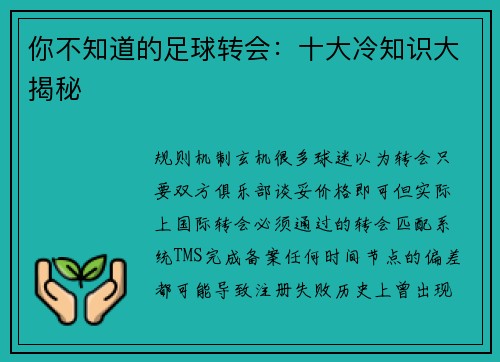 你不知道的足球转会：十大冷知识大揭秘